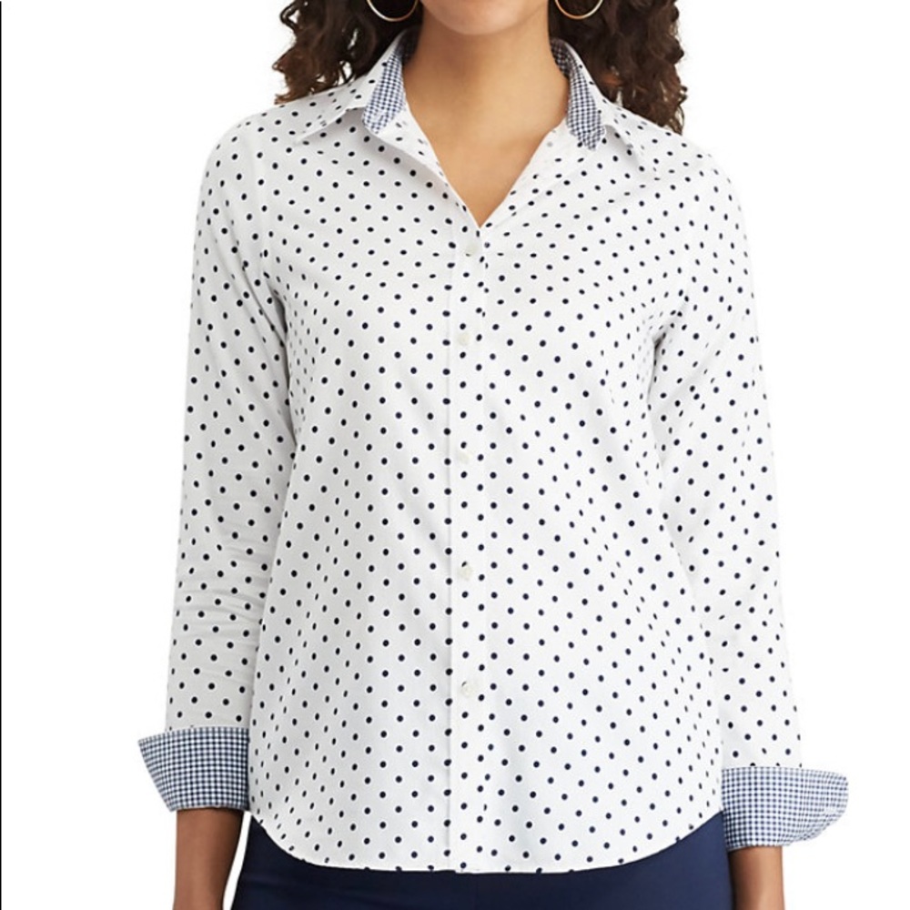 Women’s Chaps White and Blue Polka Dot Button Up